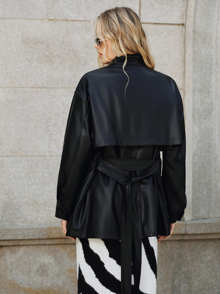 Veste d'Extérieur en PU Chaude avec Ceinture et Col Montant – Confortable et Moderne 5
