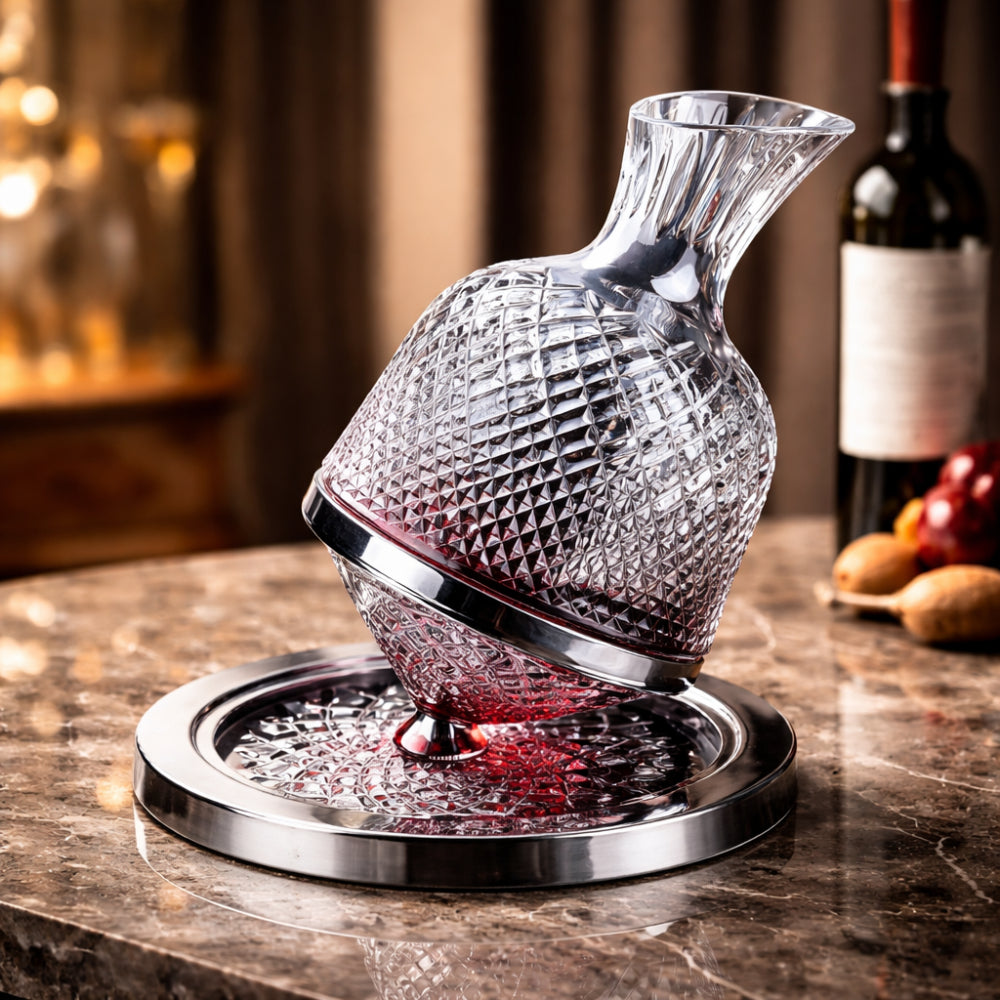 Caraffa Decantatore per Vino in Vetro di Cristallo con Base Girevole e Aeratore