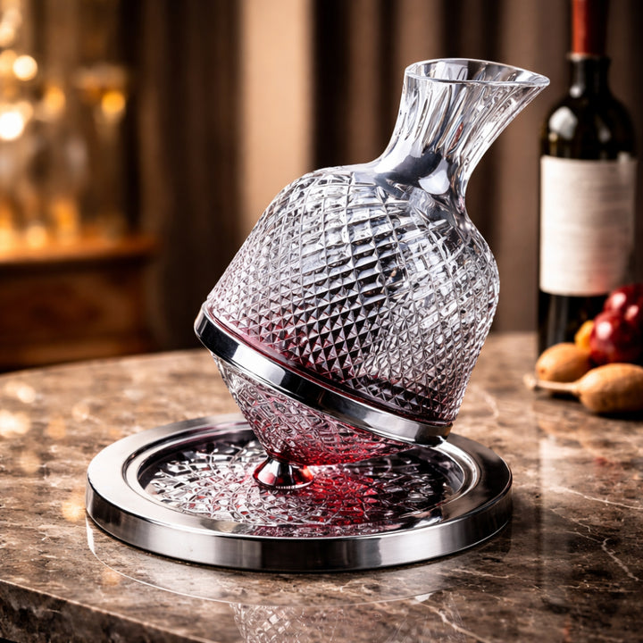 Caraffa Decantatore per Vino in Vetro di Cristallo con Base Girevole e Aeratore
