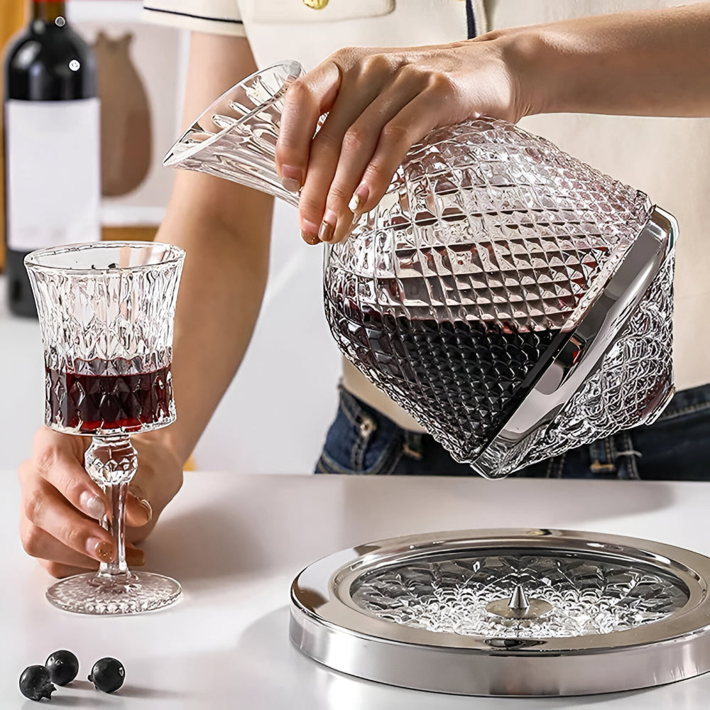 Caraffa Decantatore per Vino in Vetro di Cristallo con Base Girevole e Aeratore