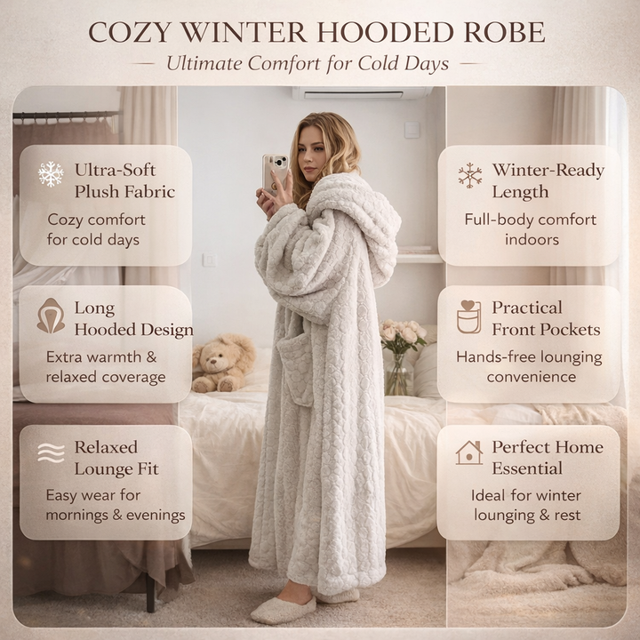 Hooded Womens Bathrobe Long Sleeve Lounge Robe Winter