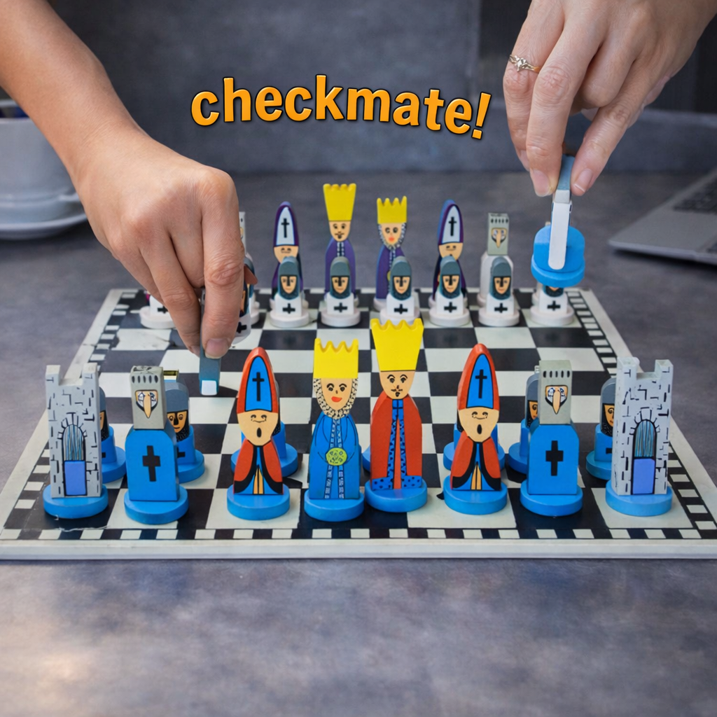 Chess Set Kids Wooden Cartoon Board Game Educational Strategy Toy