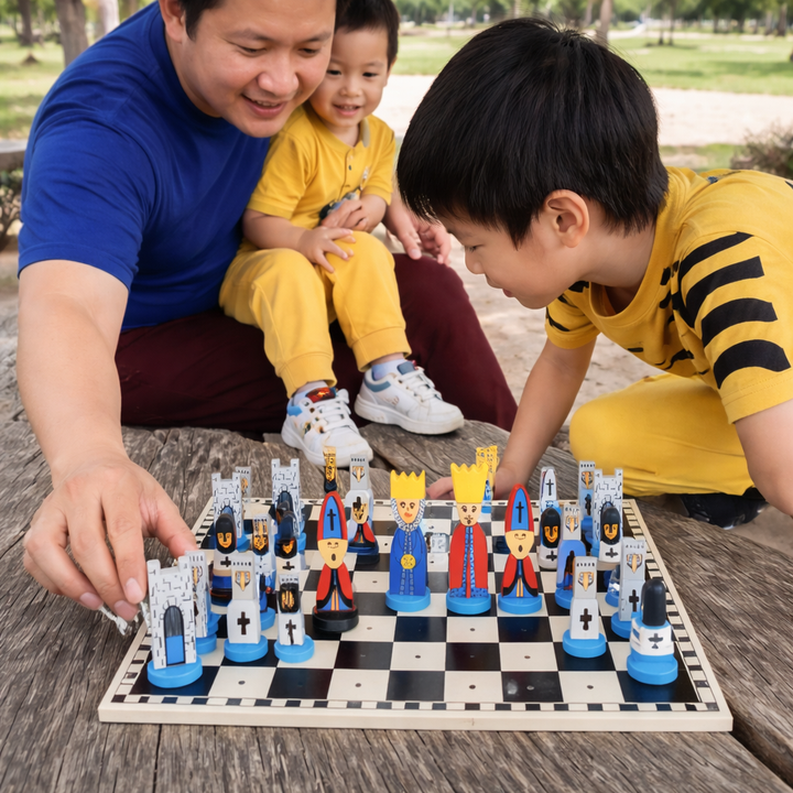 Chess Set Kids Wooden Cartoon Board Game Educational Strategy Toy
