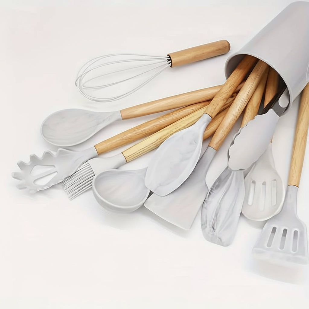 Kitchen Utensil Set Silicone Cooking Tools Wooden Handles