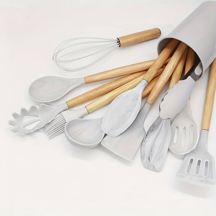 Kitchen Utensil Set Silicone Cooking Tools Wooden Handles
