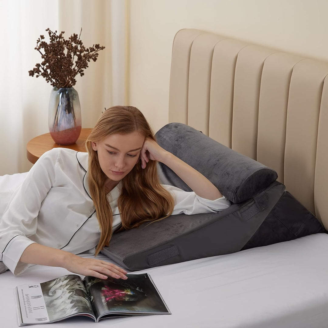 Bed Wedge Pillow Adjustable Set Memory Foam Reading With Cylindrical Support Dark Gray - Image 1