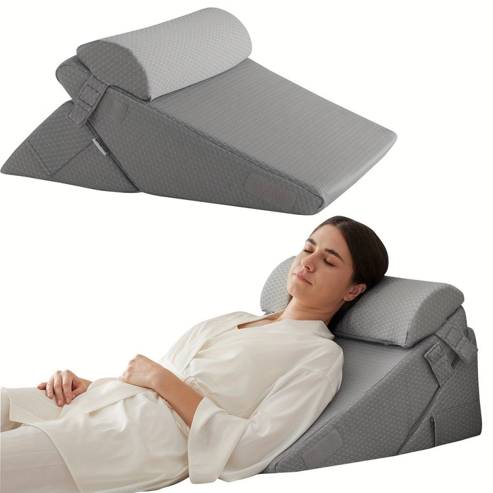 Bed Wedge Pillow Adjustable Set Memory Foam Reading With Cylindrical Support Dark Gray - Image 12