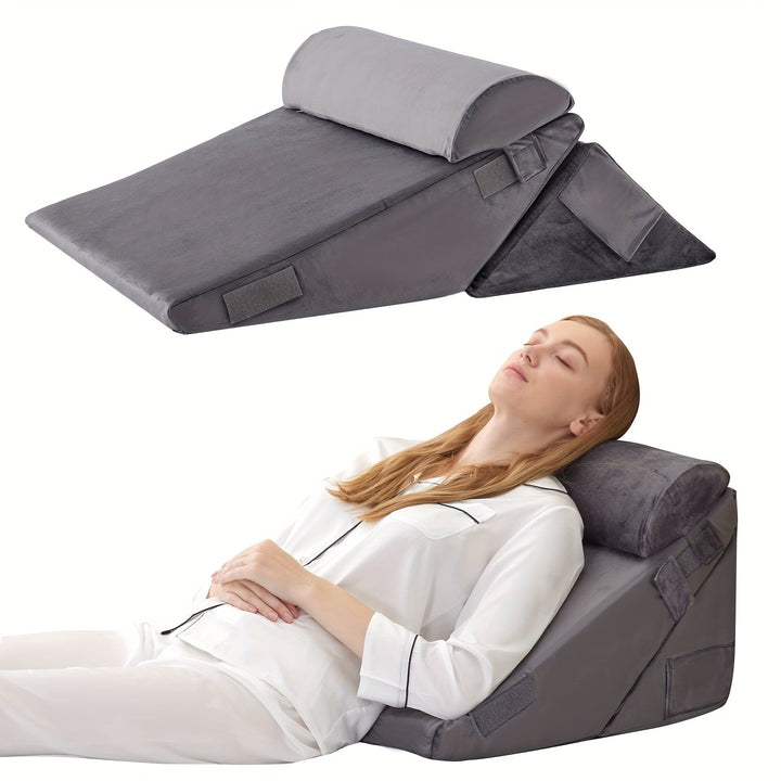 Bed Wedge Pillow Adjustable Set Memory Foam Reading With Cylindrical Support Dark Gray - Image 9