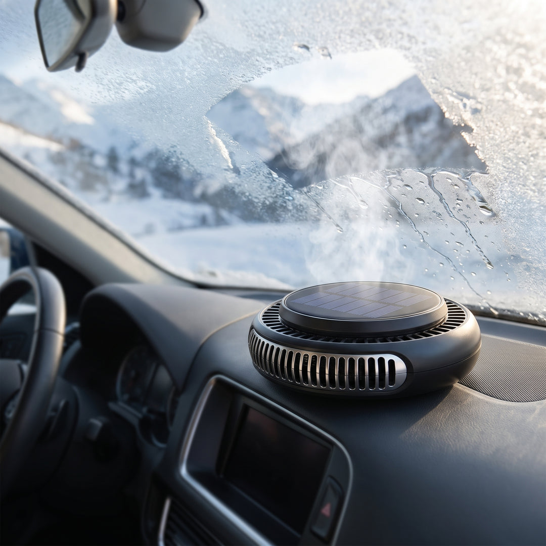 Car Defroster Solar Powered Automatic Device Compact Disc Shape Black Silver Accents - Image 1
