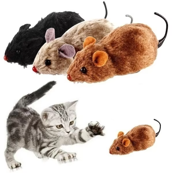 Cat Mouse Toy Wind Up Furry Brown Black Grey Pet Play Set Small Squeaky - Image 1