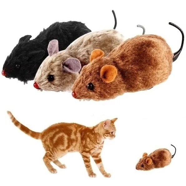 Cat Mouse Toy Wind Up Furry Brown Black Grey Pet Play Set Small Squeaky - Image 2