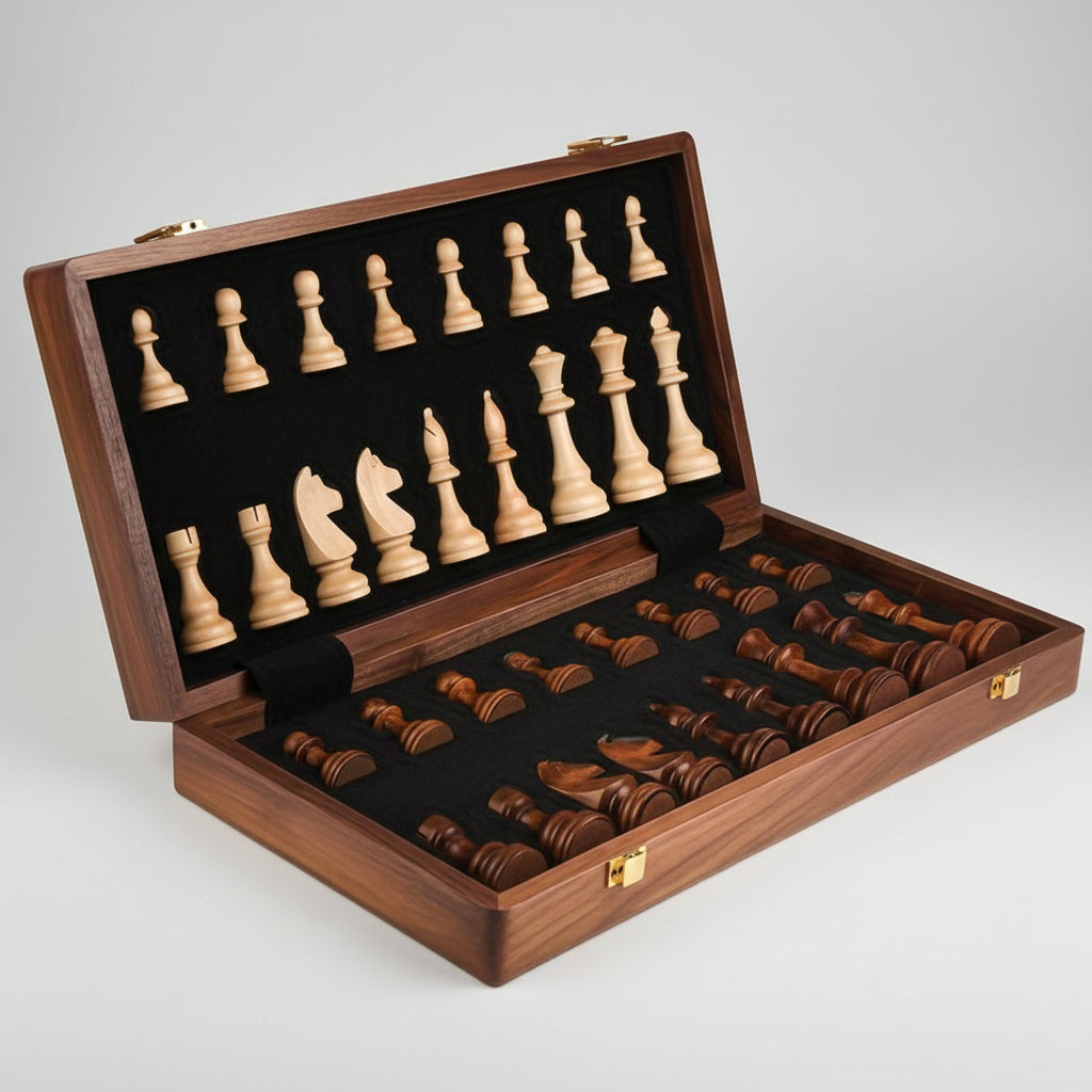 Chess Set Wooden Folding Walnut Storage Board Game
