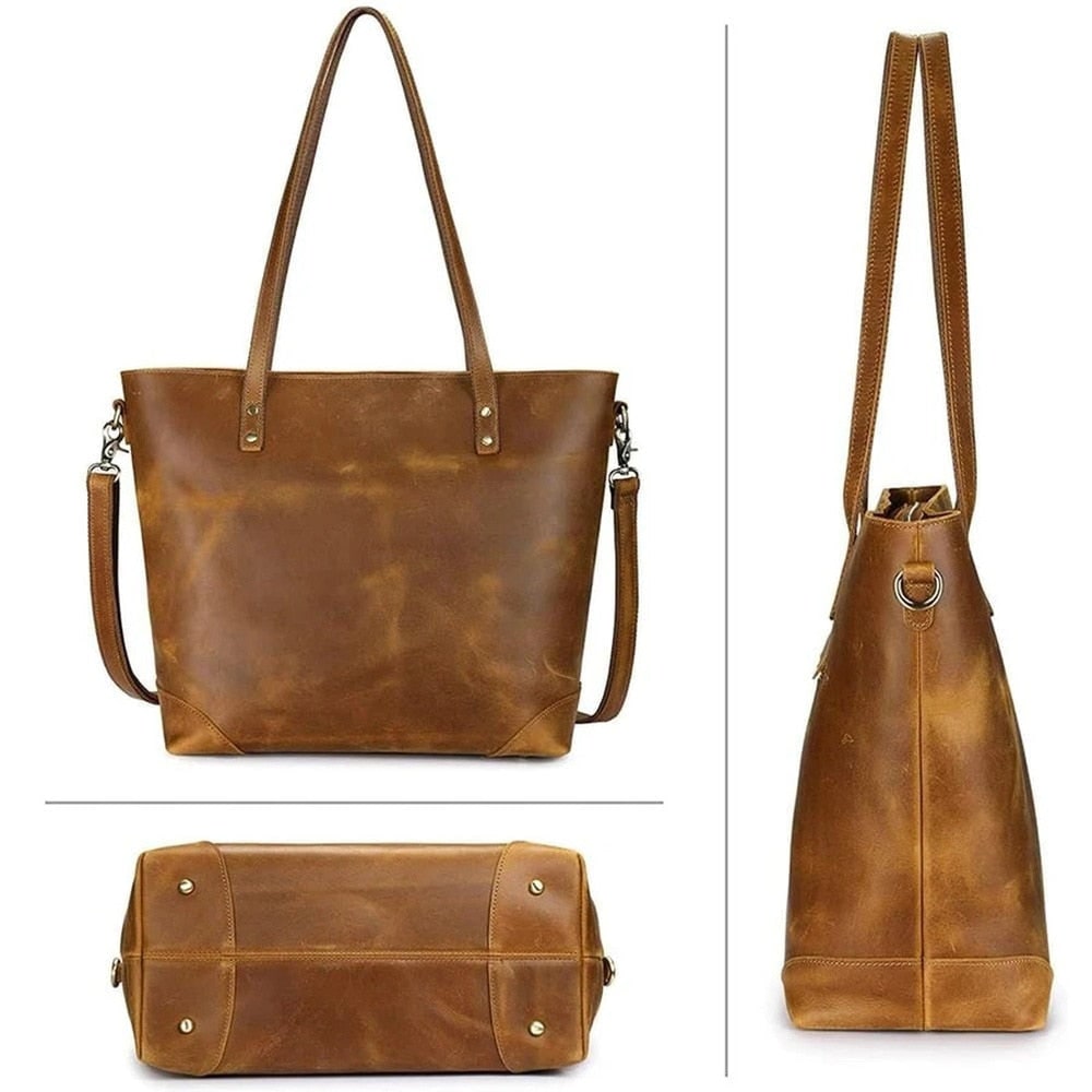 Crossbody Shoulder Leather Tote Bag Vintage Bucket Tote - Image 4