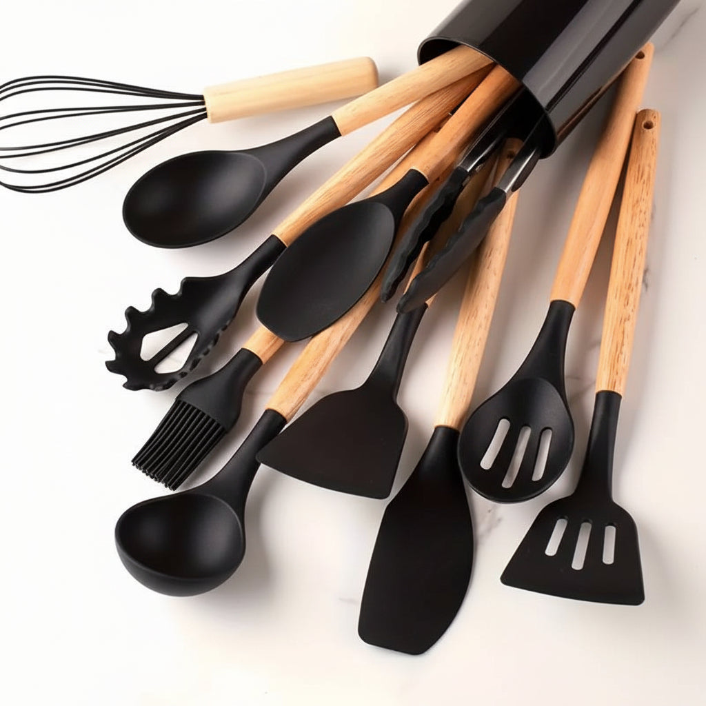 Kitchen Utensil Set Silicone Cooking Tools Wooden Handles