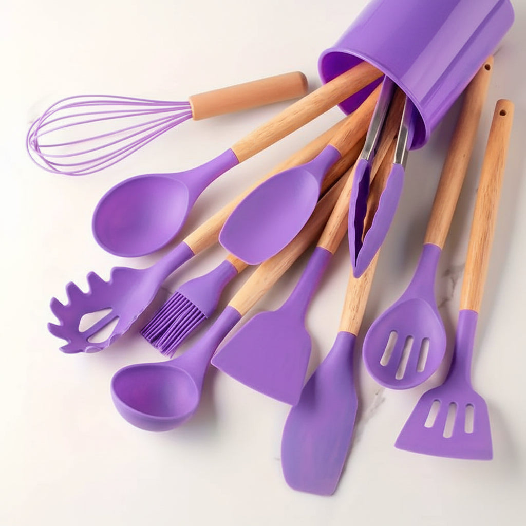 Kitchen Utensil Set Silicone Cooking Tools Wooden Handles
