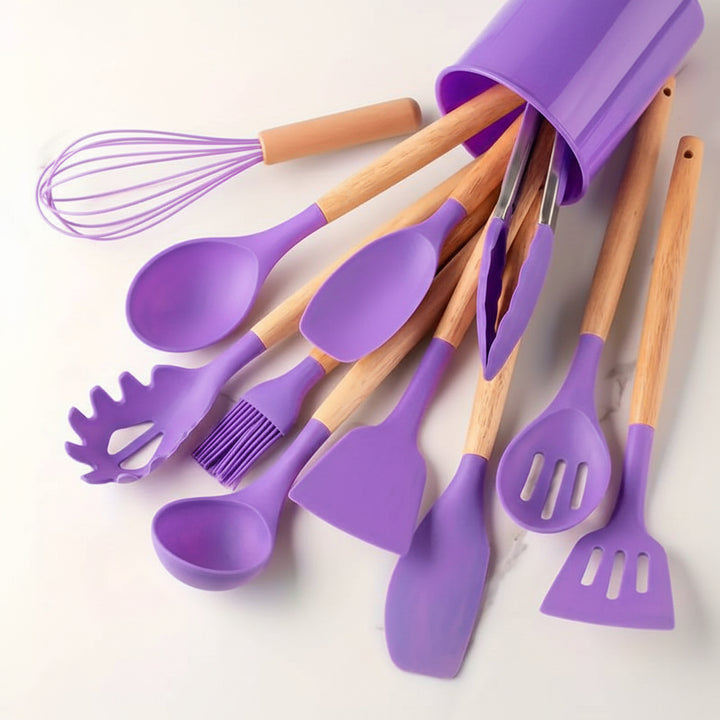 Kitchen Utensil Set Silicone Cooking Tools Wooden Handles