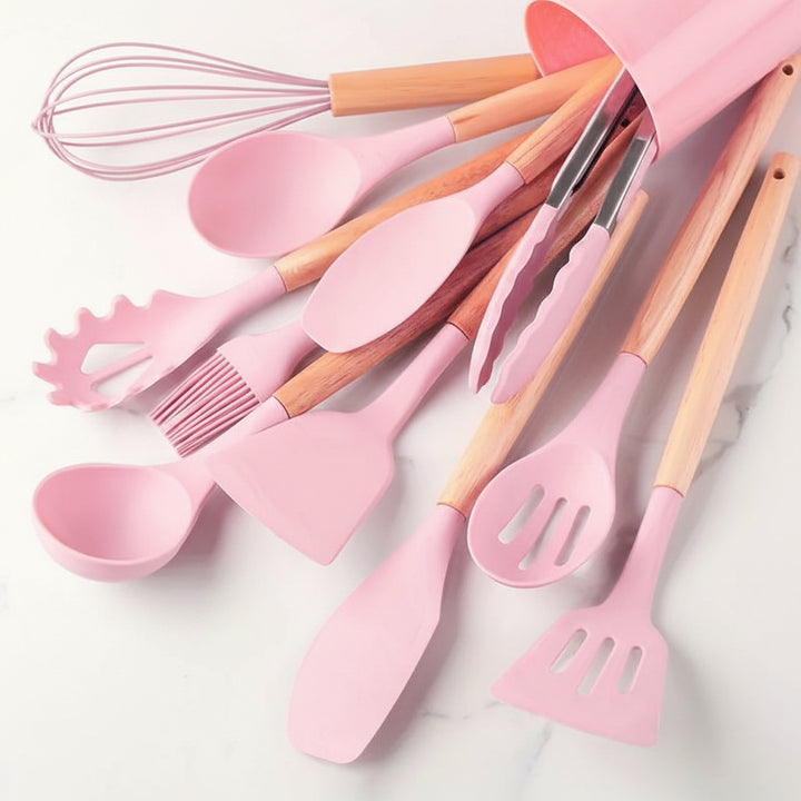 Kitchen Utensil Set Silicone Cooking Tools Wooden Handles
