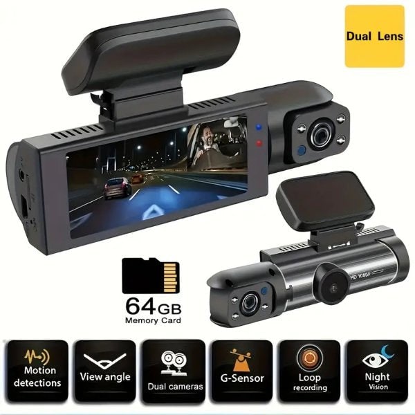 Dash Cam Dual Lens 1080p Front And Interior Car Camera With Display Screen Black Plastic - Image 2