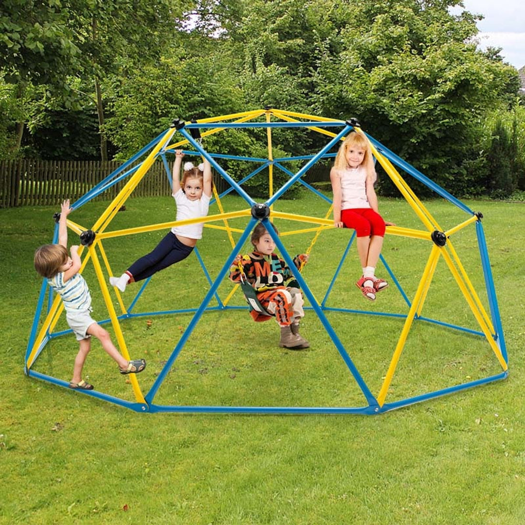 Dome Climber Geometric Jungle Gym Climbing Structure For Kids With Attached Swing Blue Yellow - Image 1