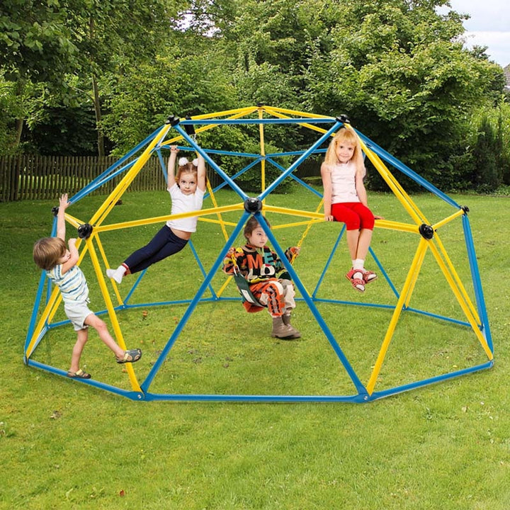 Dome Climber Geometric Jungle Gym Climbing Structure For Kids With Attached Swing Blue Yellow - Image 1
