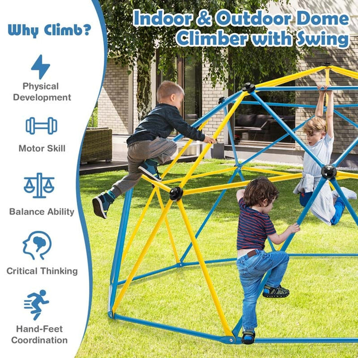 Dome Climber Geometric Jungle Gym Climbing Structure For Kids With Attached Swing Blue Yellow - Image 4