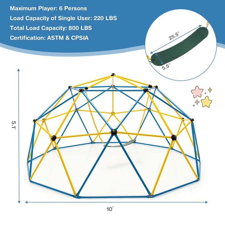 Dome Climber Geometric Jungle Gym Climbing Structure For Kids With Attached Swing Blue Yellow - Image 10