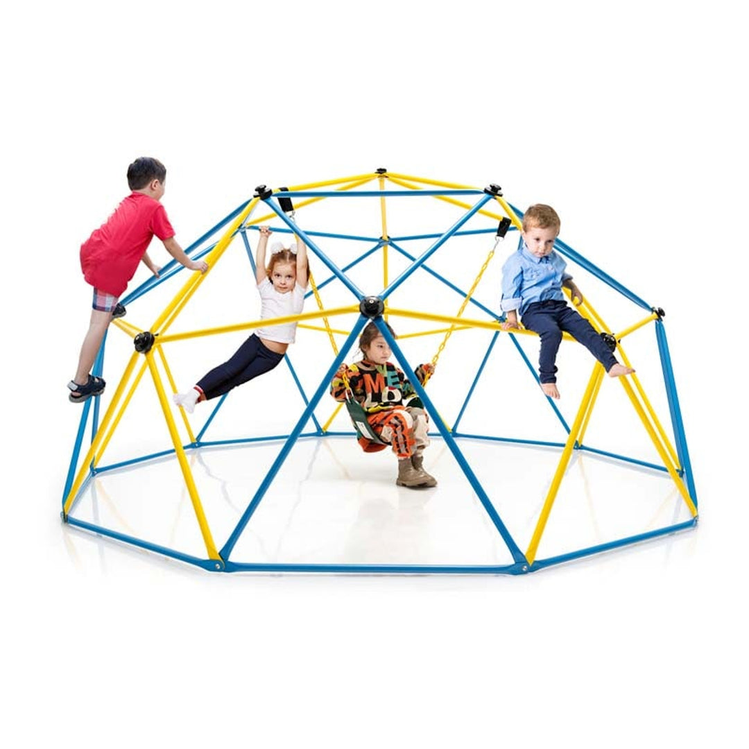 Dome Climber Geometric Jungle Gym Climbing Structure For Kids With Attached Swing Blue Yellow - Image 2