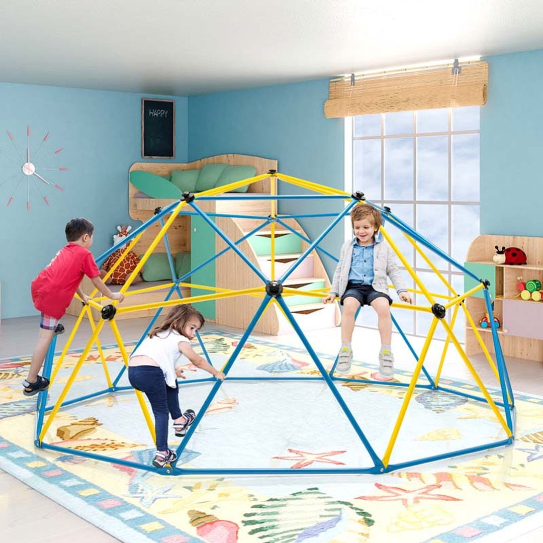 Dome Climber Geometric Jungle Gym Climbing Structure For Kids With Attached Swing Blue Yellow - Image 3