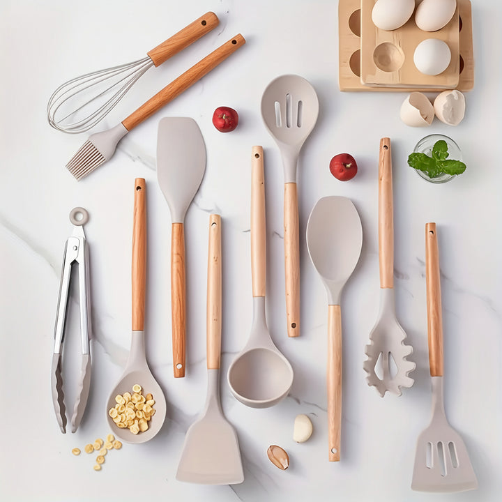 Kitchen Utensil Set Silicone Cooking Tools Wooden Handles