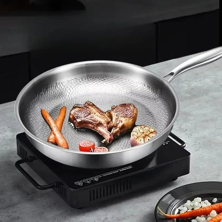 Frying Pan Non Stick Titanium Coated Hammered Stainless Steel Cookware Glass - Image 2