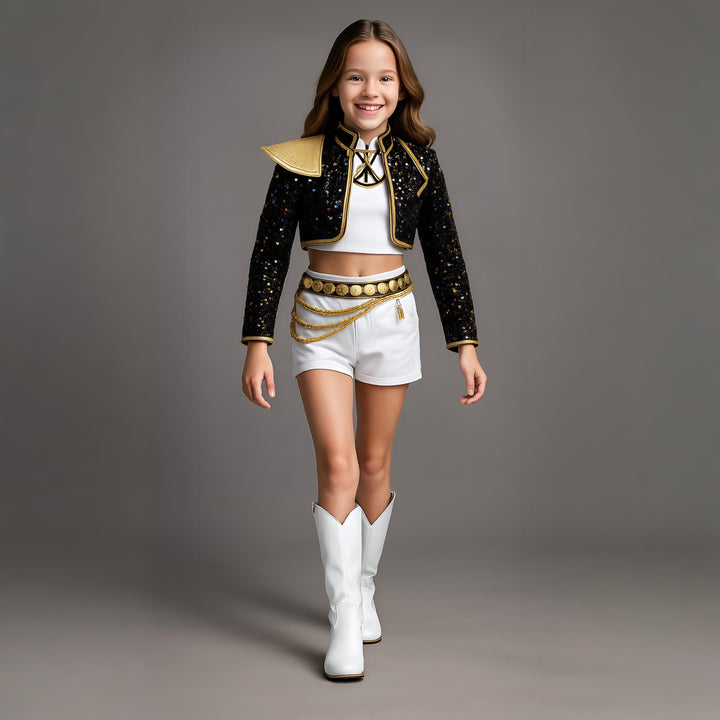 Halloween Costume Women Gold Sequin Cropped Jacket Shorts Belt Performance Cosplay Outfit - Image 1