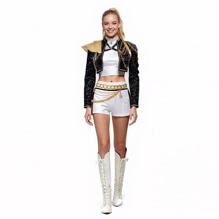 Halloween Costume Women Gold Sequin Cropped Jacket Shorts Belt Performance Cosplay Outfit - Image 5