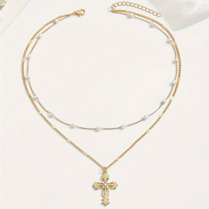 Halskette Kreuzanhänger Mehrlagig Gold Damen Muttertagsgeschenk