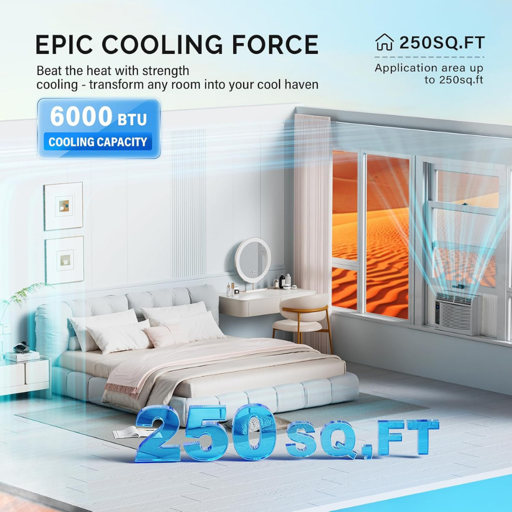 Window AC Unit 6000 BTU Smart Cooling Quiet Room Air Conditioner