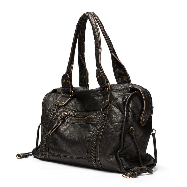 Schwarze Lederhandtasche mit Reißverschlusstaschen