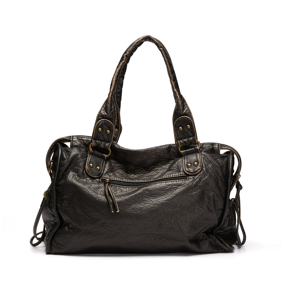 Schwarze Lederhandtasche mit Reißverschlusstaschen