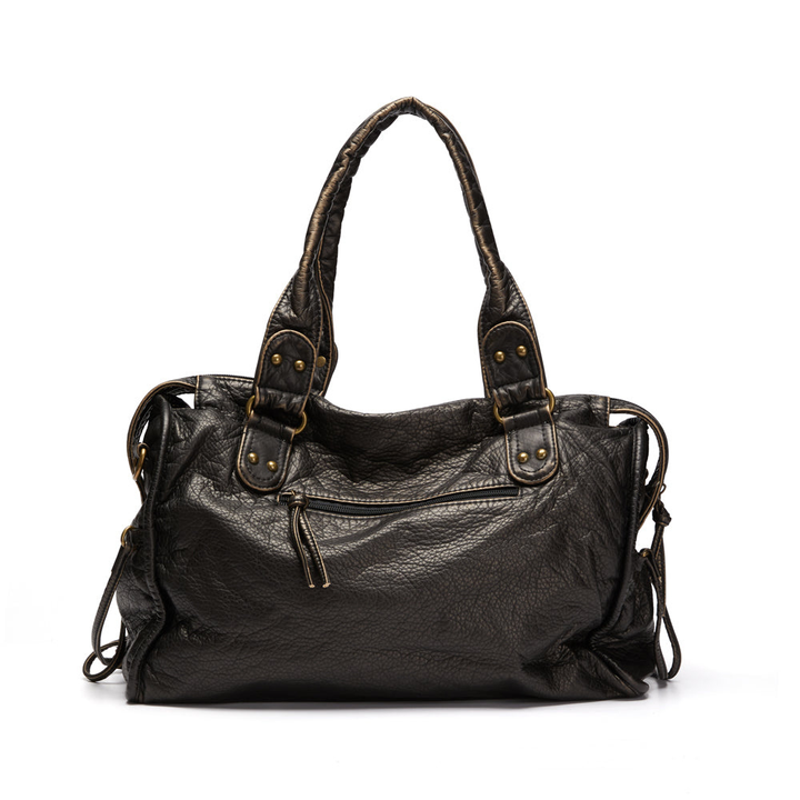 Schwarze Lederhandtasche mit Reißverschlusstaschen
