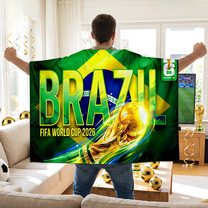 Velká pláštěnka fanouška fotbalu s brazilskou vlajkou na mistrovství světa