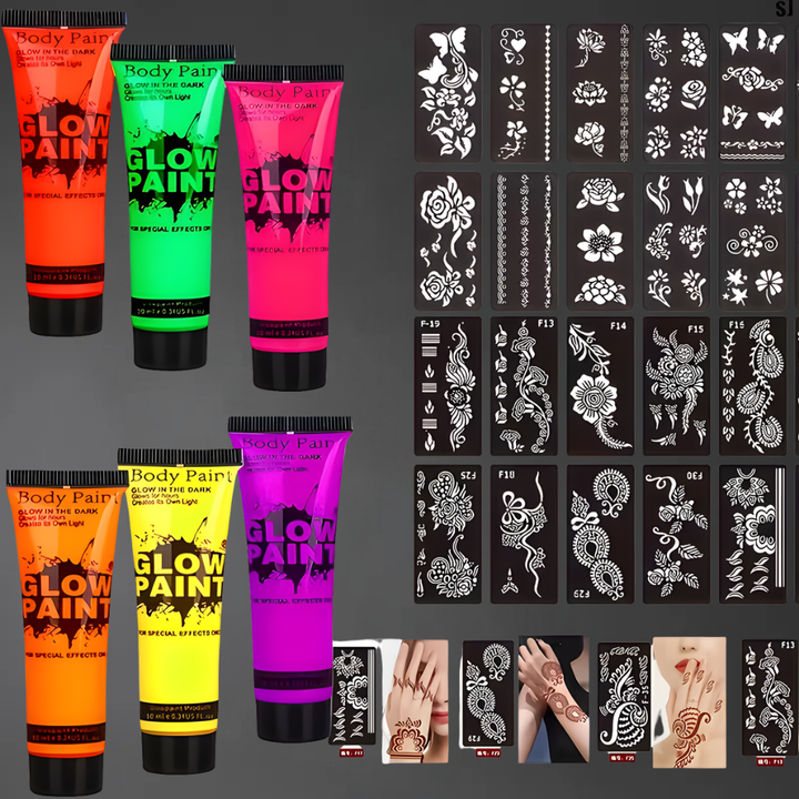 Bodypaint Weltmeisterschaft Glow-in-the-Dark UV Neon Gesichtsbemalungs-Set