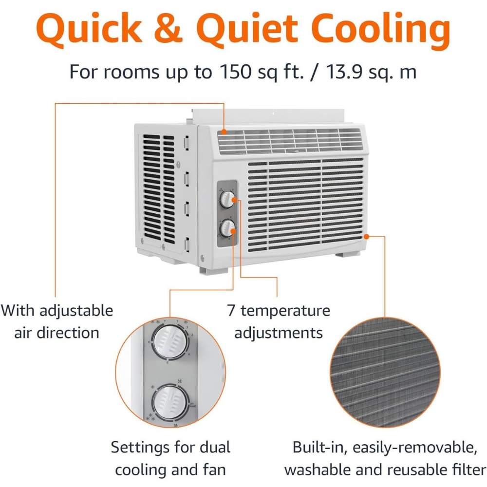 Window AC Unit 5000 BTU Quiet Cooling Compact Room Air