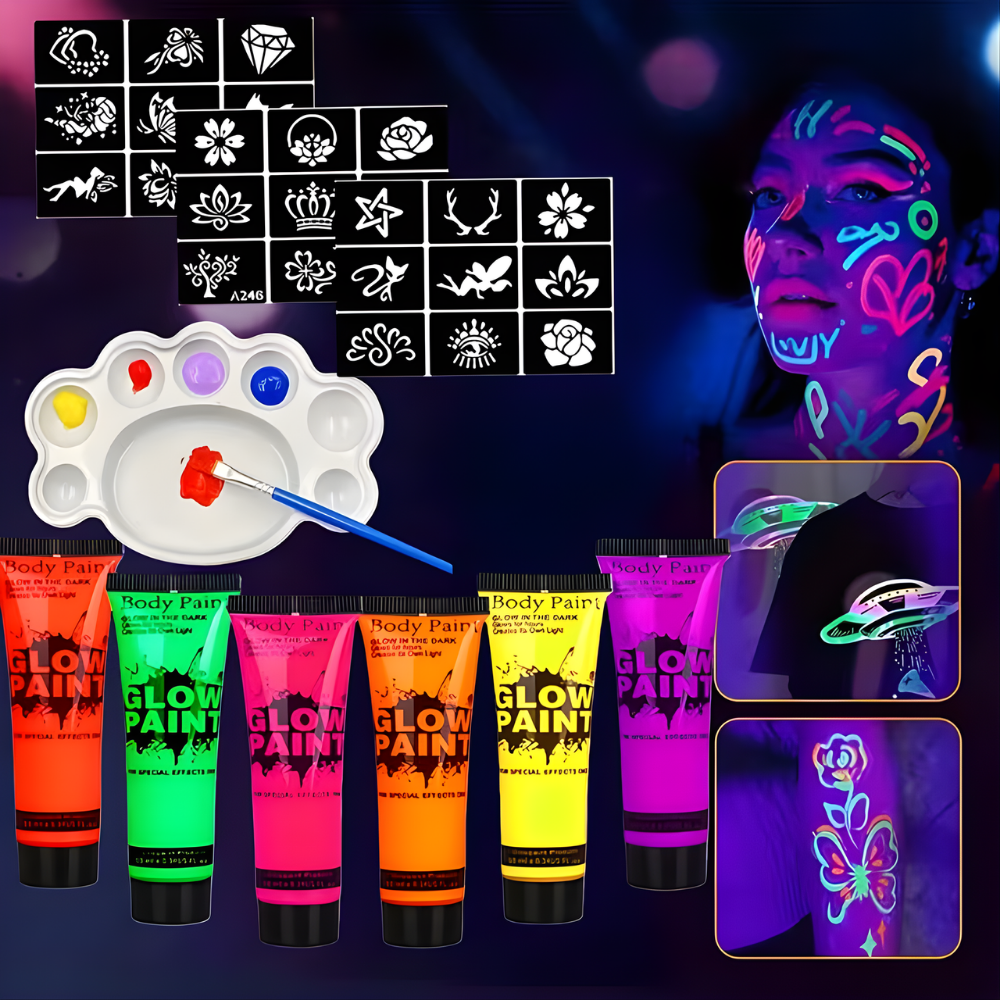 Bodypaint Weltmeisterschaft Glow-in-the-Dark UV Neon Gesichtsbemalungs-Set