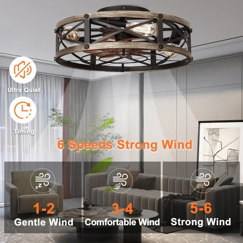 Ventilatore da soffitto con luce a gabbia a montaggio a filo, telecomando, apparecchio di raffreddamento