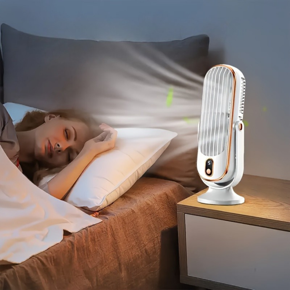 Věžový ventilátor s chlazením, dobíjecí baterií a odpařovacím chladičem