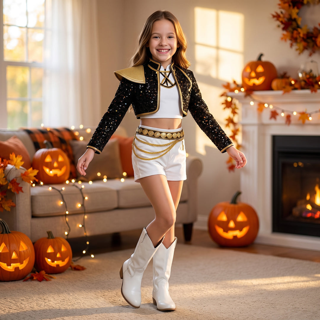 Halloween Costume Women Gold Sequin Cropped Jacket Shorts Belt Performance Cosplay Outfit - Image 3