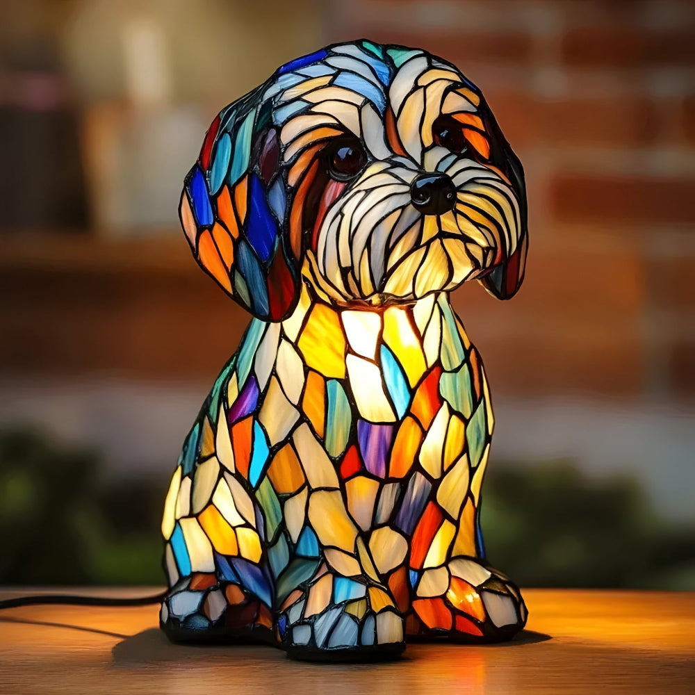 Table Lamp Stained Glass Dog Accent Lighting