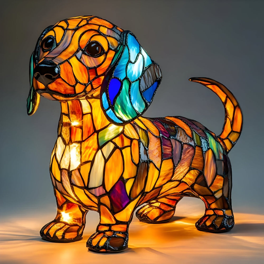 Table Lamp Stained Glass Dog Accent Lighting