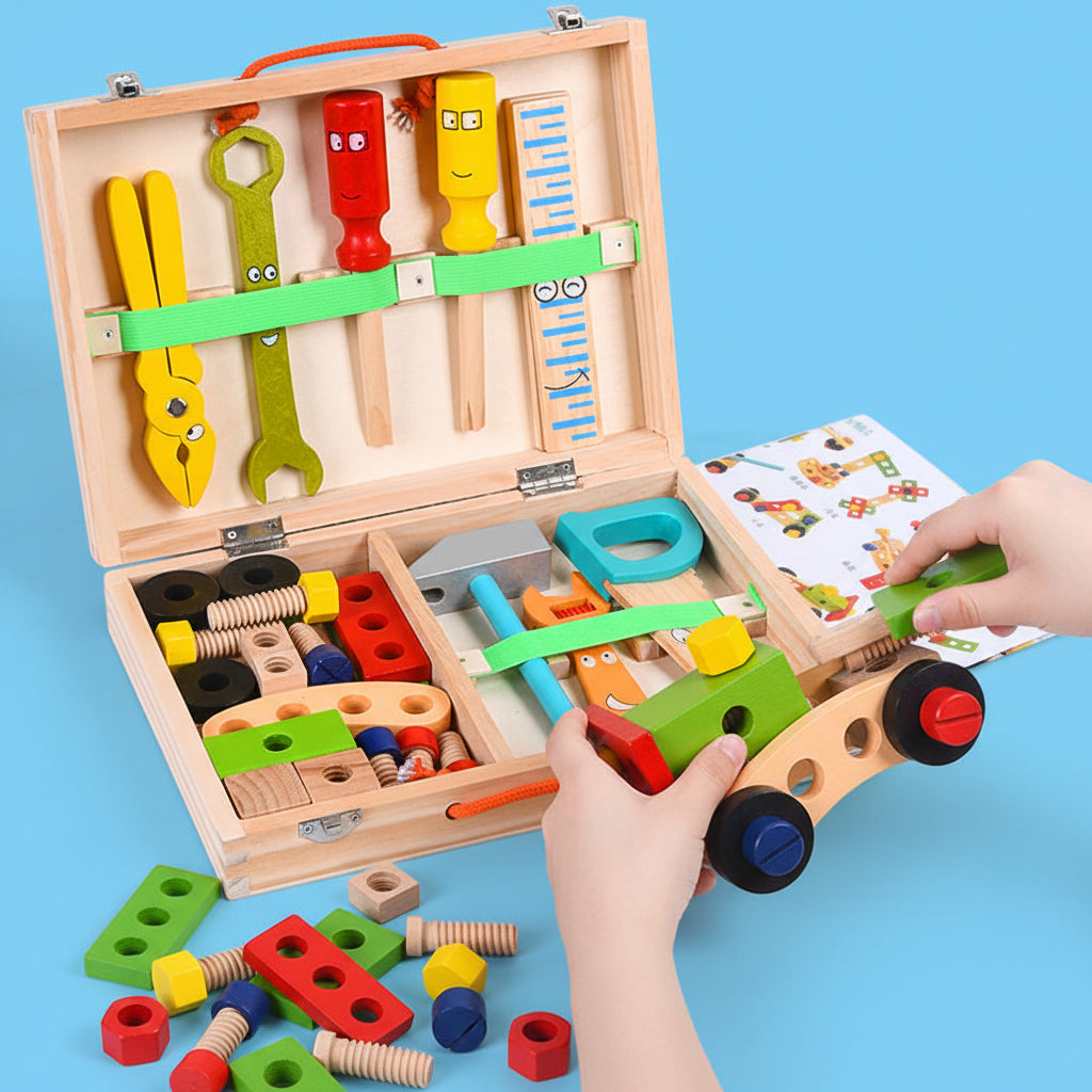 Tool Set Kids Wooden Construction Toy Kit Toolbox