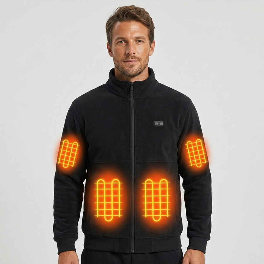 Men's Heated Fleece Jacket With Stand Collar And Full Zip Electric Heating Zones