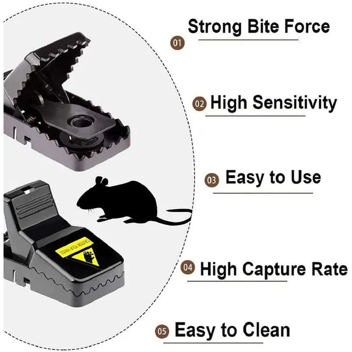 Mouse Trap Plastic Spring-loaded Jaw Pest Rodent Set Of Six Yellow Warning Label - Image 2