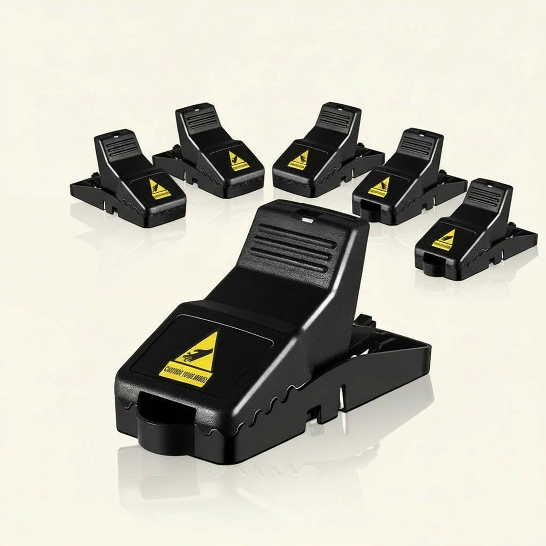 Mouse Trap Plastic Spring-loaded Jaw Pest Rodent Set Of Six Yellow Warning Label - Image 1